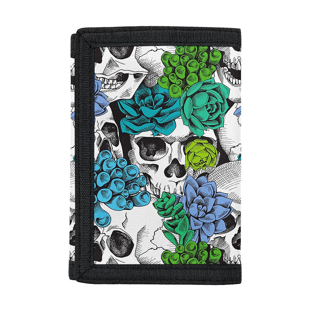 Green Blue Flowers Skull Pattern Print Trifold Wallet