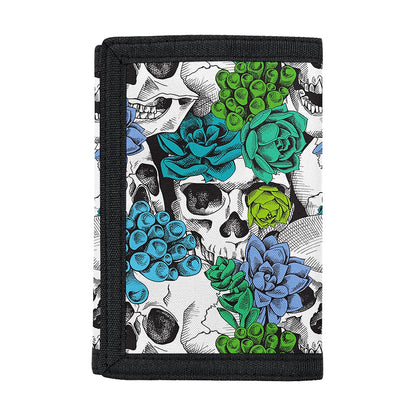 Green Blue Flowers Skull Pattern Print Trifold Wallet