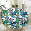 Green Blue Flowers Skull Pattern Print Waterproof Round Tablecloth