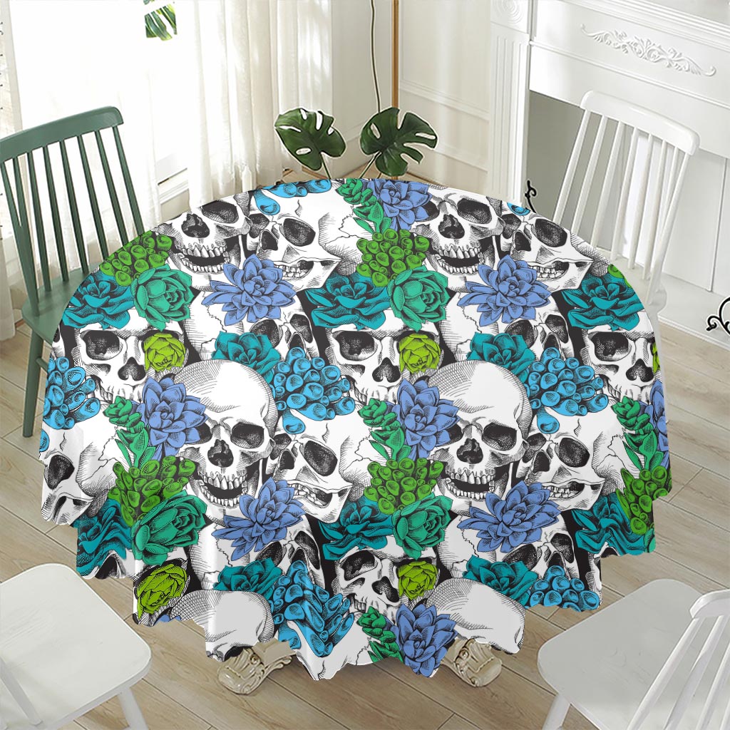 Green Blue Flowers Skull Pattern Print Waterproof Round Tablecloth