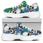 Green Blue Flowers Skull Pattern Print White Chunky Shoes