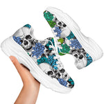 Green Blue Flowers Skull Pattern Print White Chunky Shoes