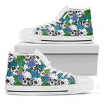 Green Blue Flowers Skull Pattern Print White High Top Sneakers