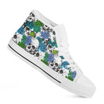 Green Blue Flowers Skull Pattern Print White High Top Sneakers