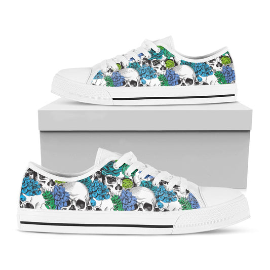 Green Blue Flowers Skull Pattern Print White Low Top Sneakers