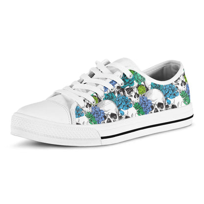 Green Blue Flowers Skull Pattern Print White Low Top Sneakers