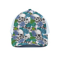 Green Blue Flowers Skull Pattern Print White Mesh Trucker Hat