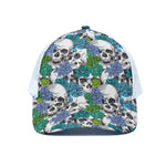 Green Blue Flowers Skull Pattern Print White Mesh Trucker Cap