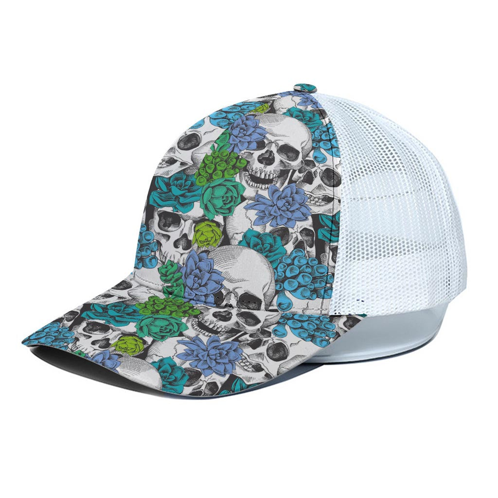 Green Blue Flowers Skull Pattern Print White Mesh Trucker Cap
