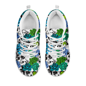 Green Blue Flowers Skull Pattern Print White Running Shoes