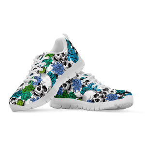 Green Blue Flowers Skull Pattern Print White Running Shoes