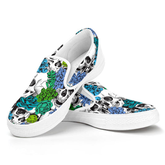 Green Blue Flowers Skull Pattern Print White Slip On Sneakers
