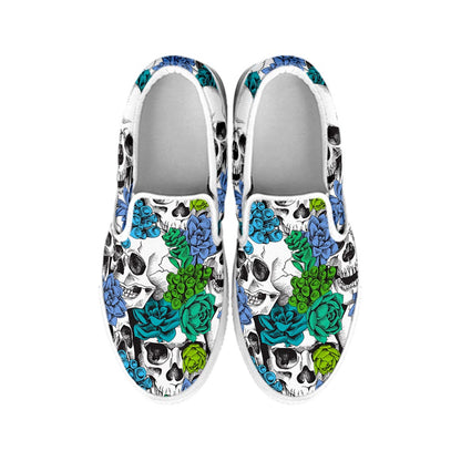 Green Blue Flowers Skull Pattern Print White Slip On Sneakers
