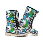 Green Blue Flowers Skull Pattern Print Winter Boots