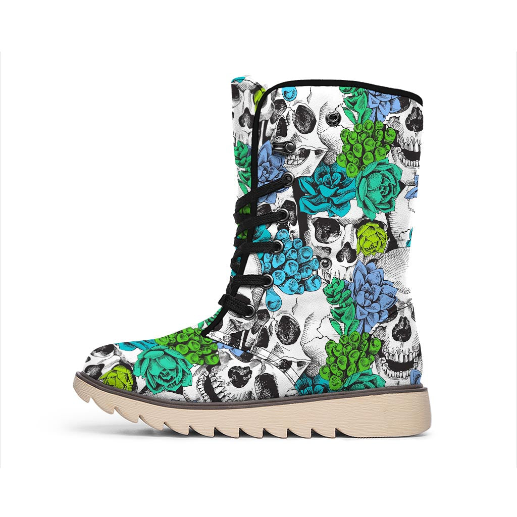 Green Blue Flowers Skull Pattern Print Winter Boots