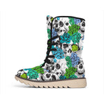 Green Blue Flowers Skull Pattern Print Winter Boots