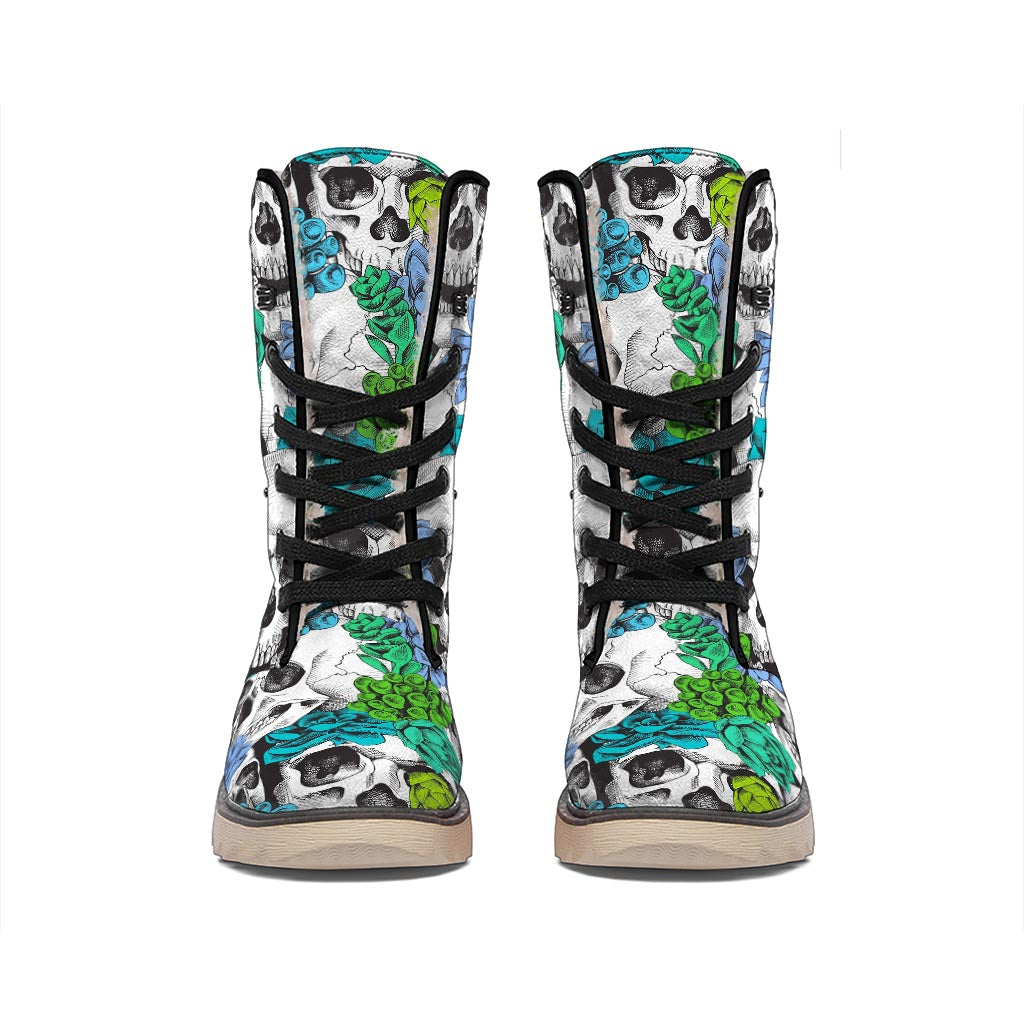 Green Blue Flowers Skull Pattern Print Winter Boots