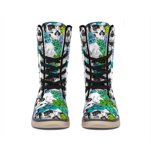 Green Blue Flowers Skull Pattern Print Winter Boots