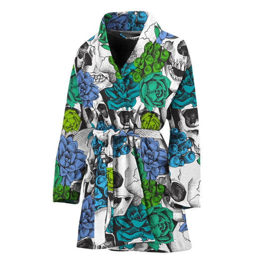 Green Blue Flowers Skull Pattern Print Women's Bathrobe