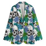 Green Blue Flowers Skull Pattern Print Women's Blazer