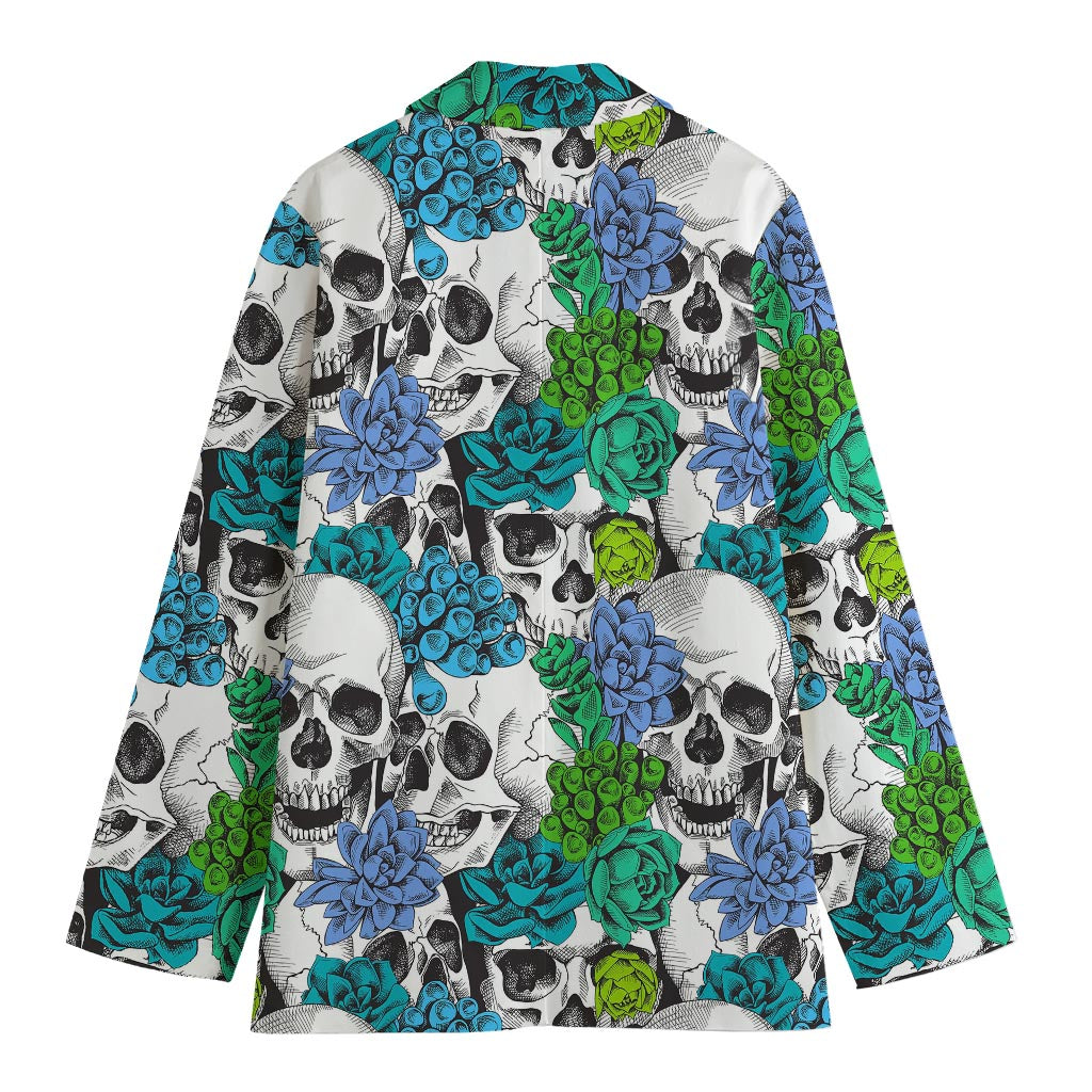 Green Blue Flowers Skull Pattern Print Women's Blazer
