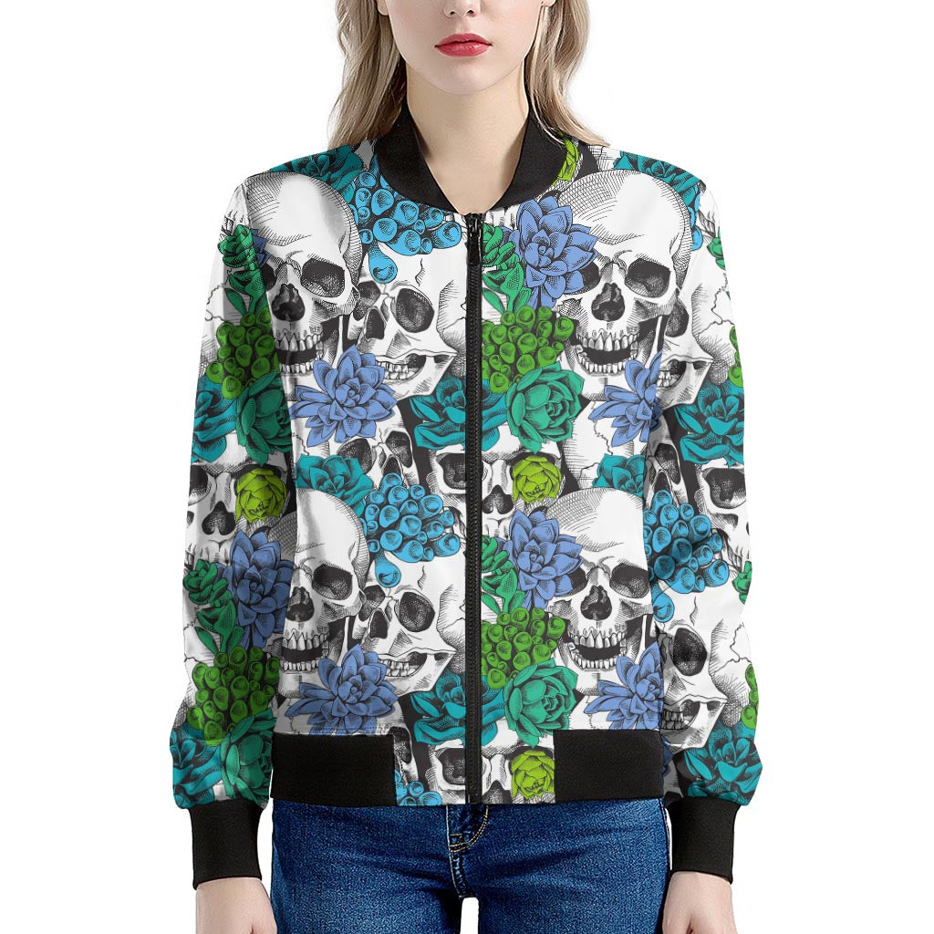 Green Blue Flowers Skull Pattern Print Women's Bomber Jacket