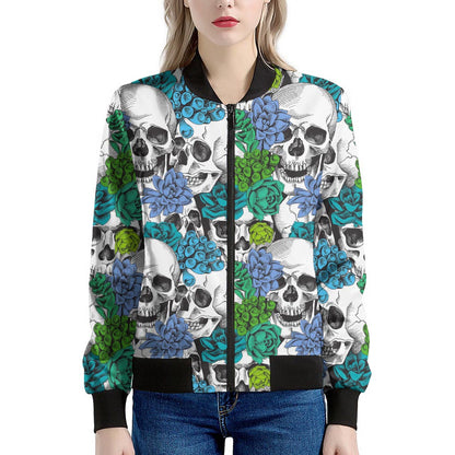 Green Blue Flowers Skull Pattern Print Women's Bomber Jacket