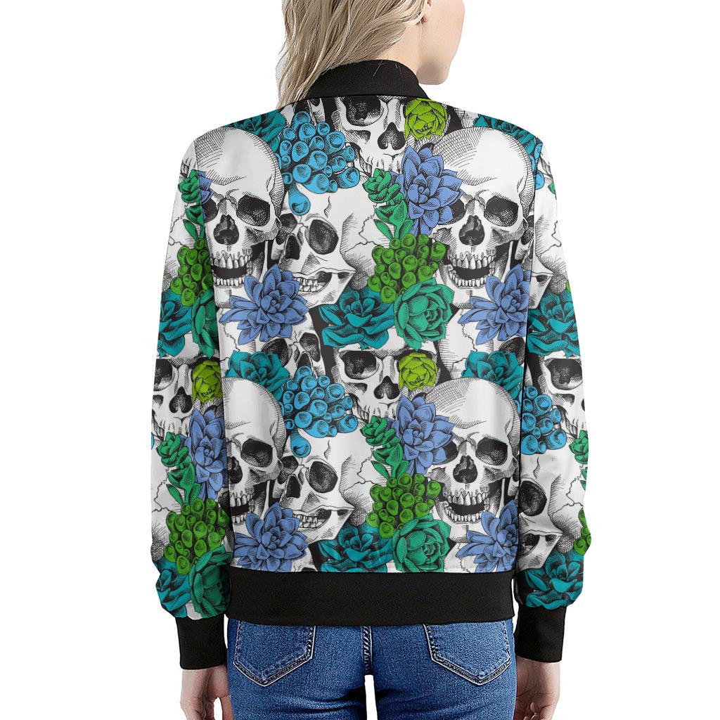 Green Blue Flowers Skull Pattern Print Women's Bomber Jacket