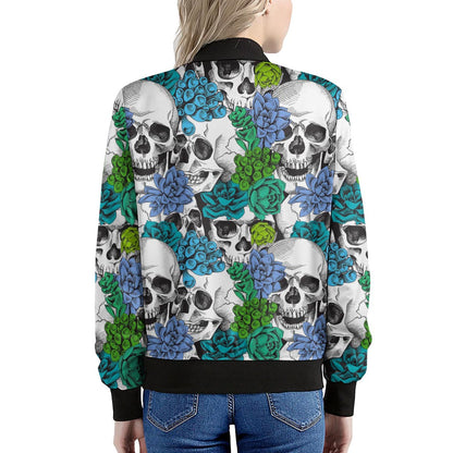 Green Blue Flowers Skull Pattern Print Women's Bomber Jacket