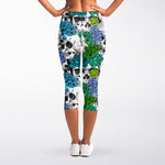 Green Blue Flowers Skull Pattern Print Women's Capri Leggings