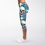 Green Blue Flowers Skull Pattern Print Women's Capri Leggings