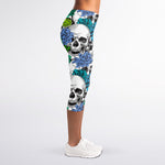 Green Blue Flowers Skull Pattern Print Women's Capri Leggings