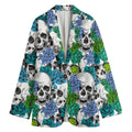 Green Blue Flowers Skull Pattern Print Women's Cotton Blazer