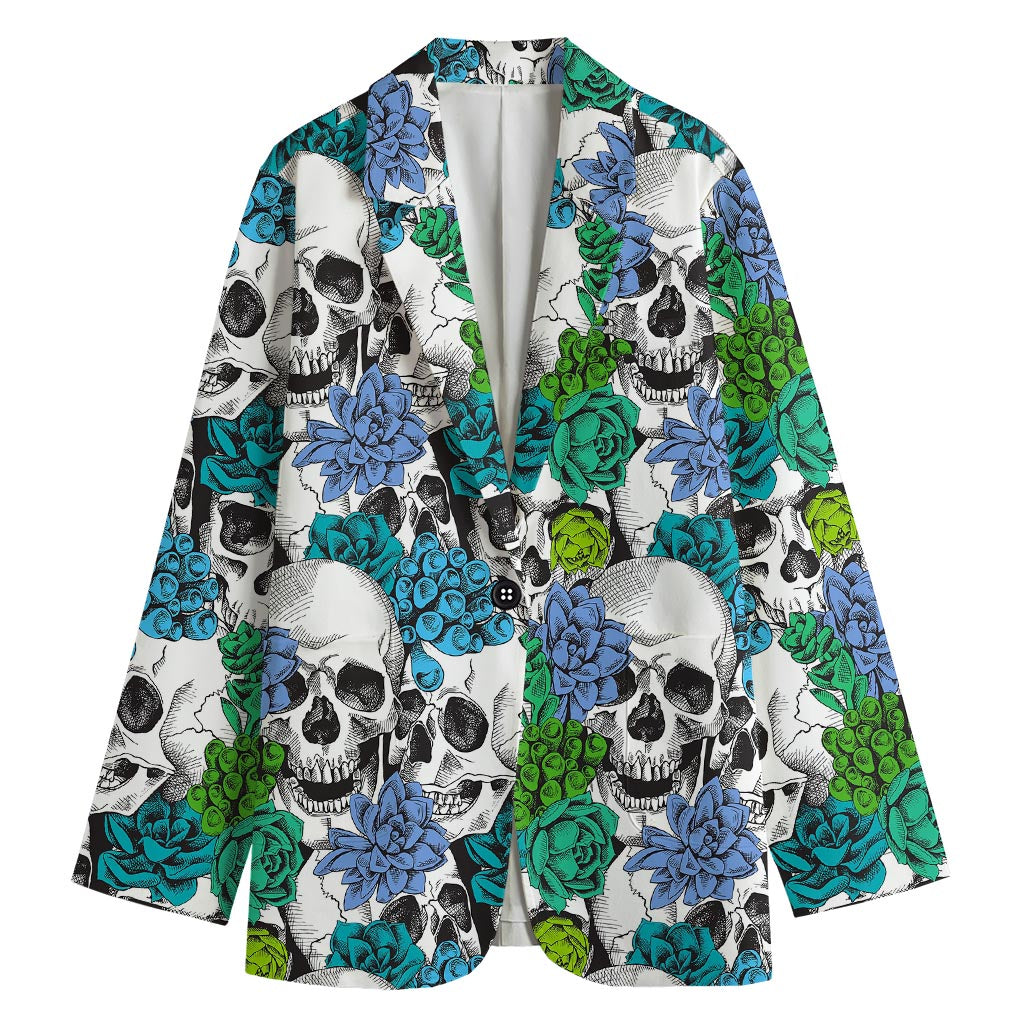 Green Blue Flowers Skull Pattern Print Women's Cotton Blazer