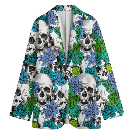 Green Blue Flowers Skull Pattern Print Women's Cotton Blazer