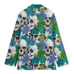 Green Blue Flowers Skull Pattern Print Women's Cotton Blazer