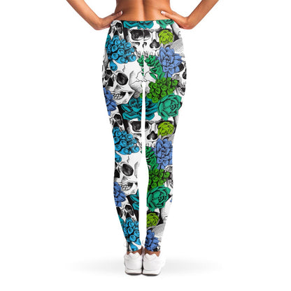 Green Blue Flowers Skull Pattern Print Women's Leggings