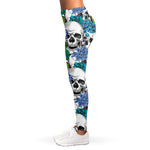 Green Blue Flowers Skull Pattern Print Women's Leggings