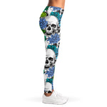 Green Blue Flowers Skull Pattern Print Women's Leggings