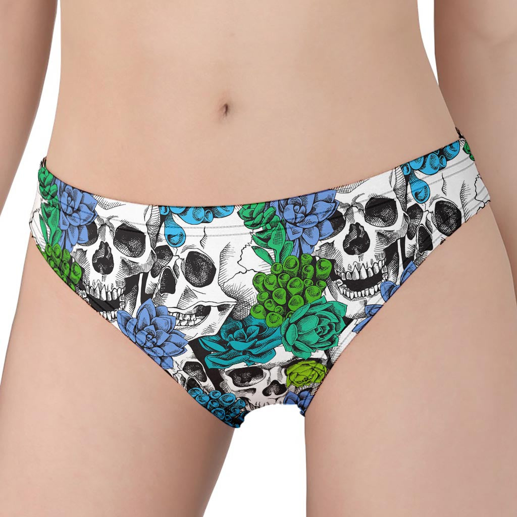 Green Blue Flowers Skull Pattern Print Women's Panties