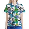 Green Blue Flowers Skull Pattern Print Women's Polo Shirt