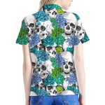 Green Blue Flowers Skull Pattern Print Women's Polo Shirt