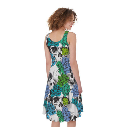Green Blue Flowers Skull Pattern Print Women's Sleeveless Dress