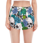 Green Blue Flowers Skull Pattern Print Women's Split Running Shorts