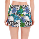 Green Blue Flowers Skull Pattern Print Women's Split Running Shorts