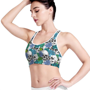 Green Blue Flowers Skull Pattern Print Women's Sports Bra