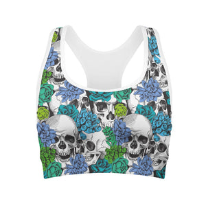 Green Blue Flowers Skull Pattern Print Women's Sports Bra