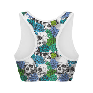 Green Blue Flowers Skull Pattern Print Women's Sports Bra