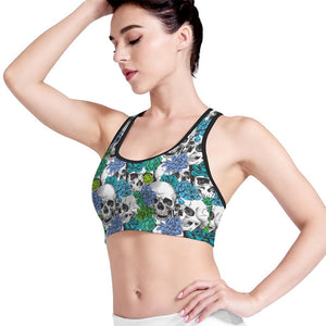 Green Blue Flowers Skull Pattern Print Women's Sports Bra