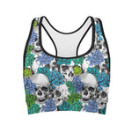 Green Blue Flowers Skull Pattern Print Women's Sports Bra